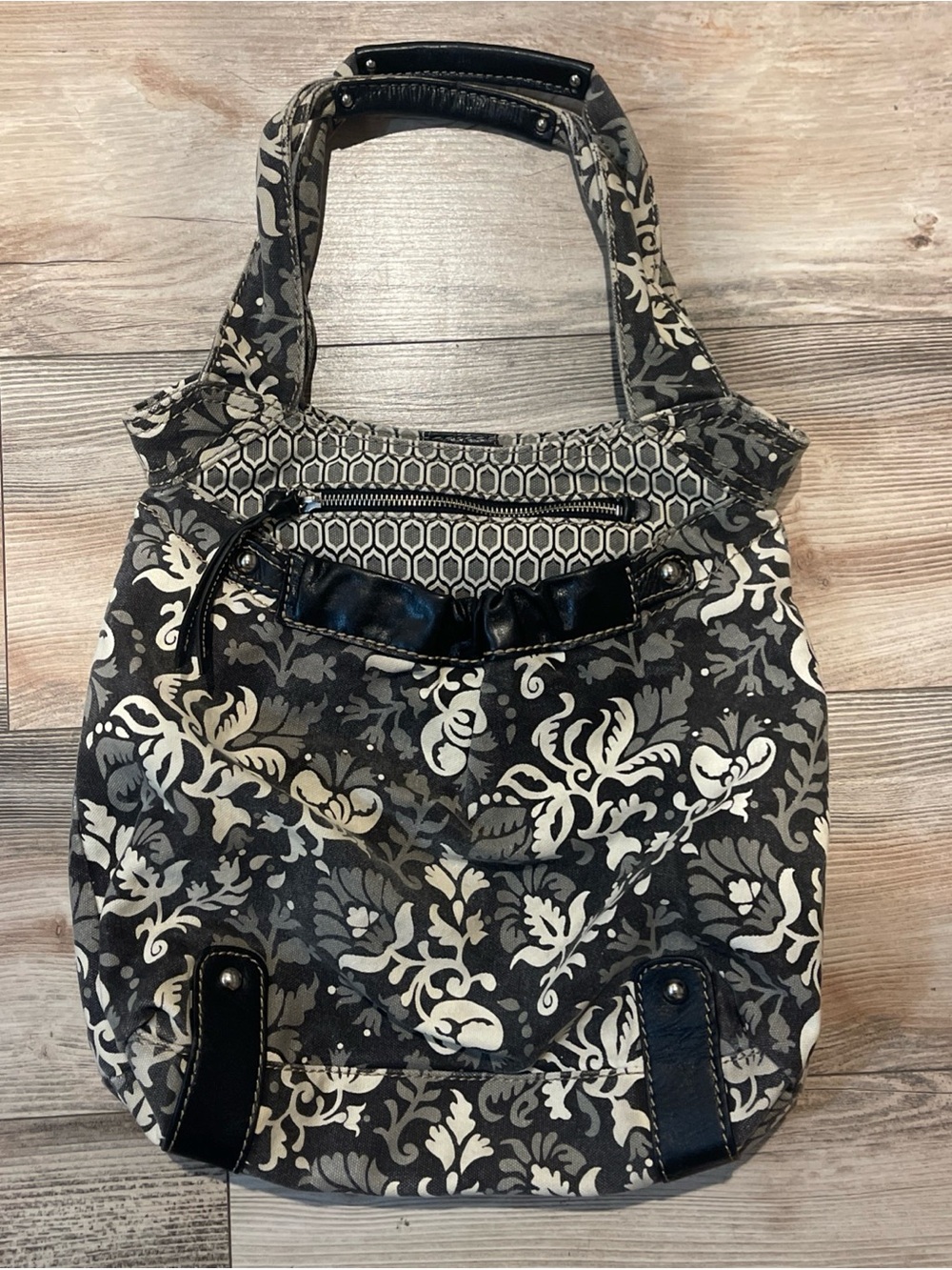 FOSSIL Black & White Floral Leather & Canvas Hobo Shoulder Bag Tote Handbag